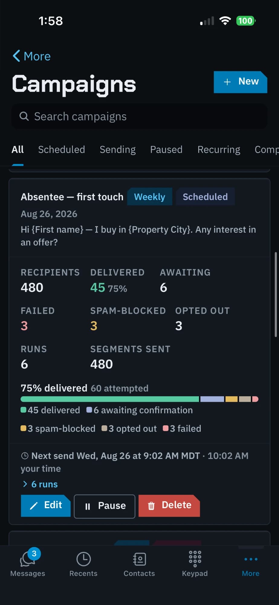 A campaign card in the reitexter iPhone app: 480 recipients, 45 delivered at 75%, with failed, spam-blocked and opted-out counts broken out on a delivery bar, and the next scheduled send time.