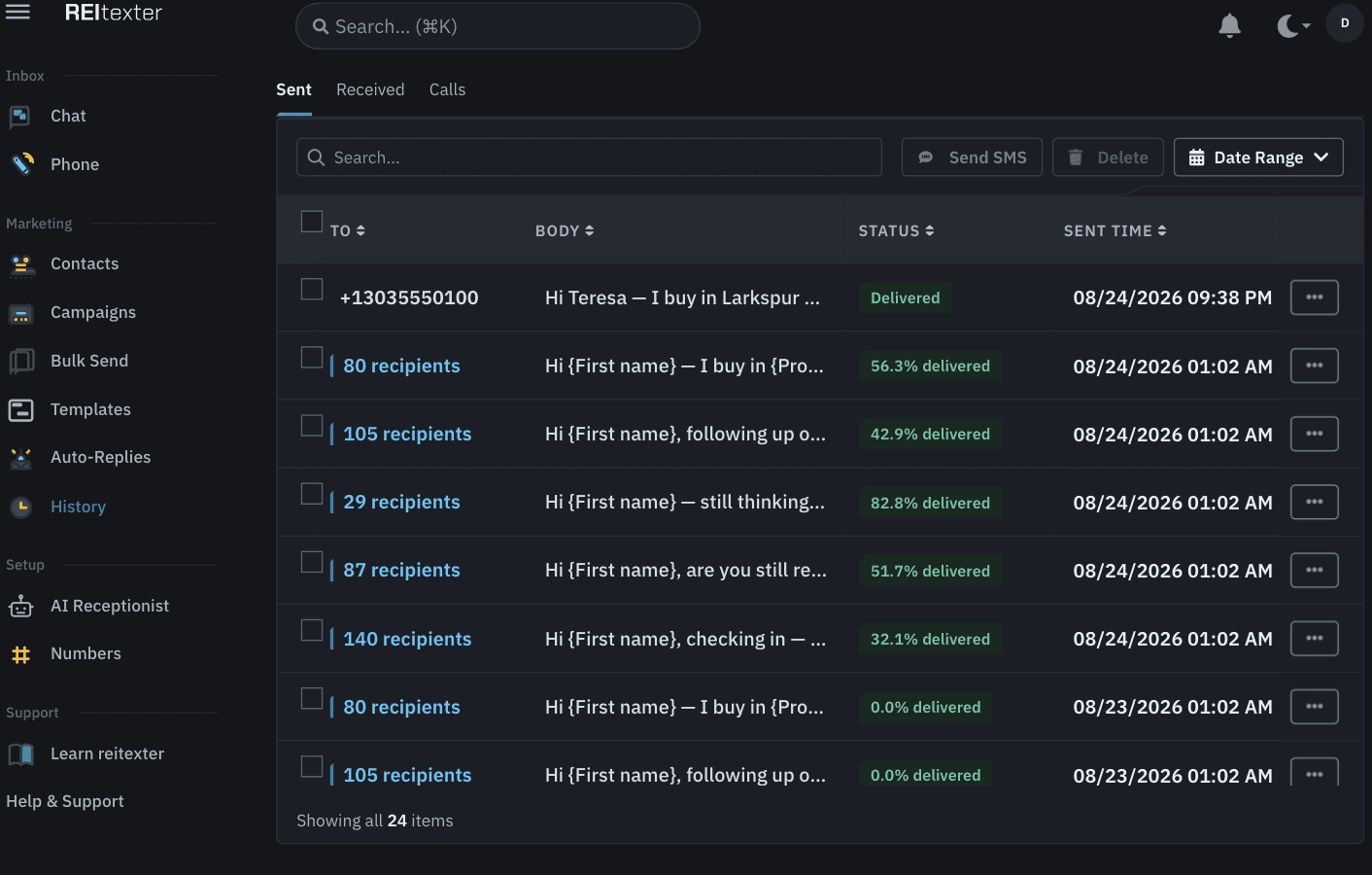The reitexter web app's History screen: the Sent tab listing bulk sends and individual messages, each with a delivered status or per-campaign delivered percentage and sent time.