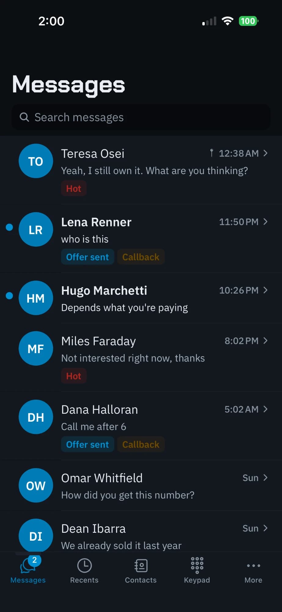 The Messages inbox with homeowner replies tagged Hot, Offer sent and Callback.