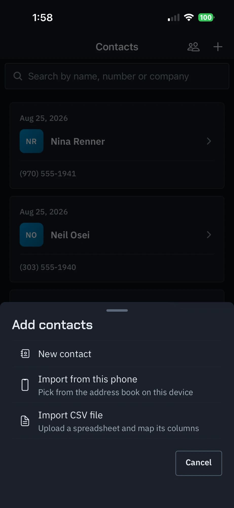 The reitexter iPhone app's Contacts screen with the Add contacts sheet open: New contact, Import from this phone, or Import CSV file — upload a spreadsheet and map its columns.